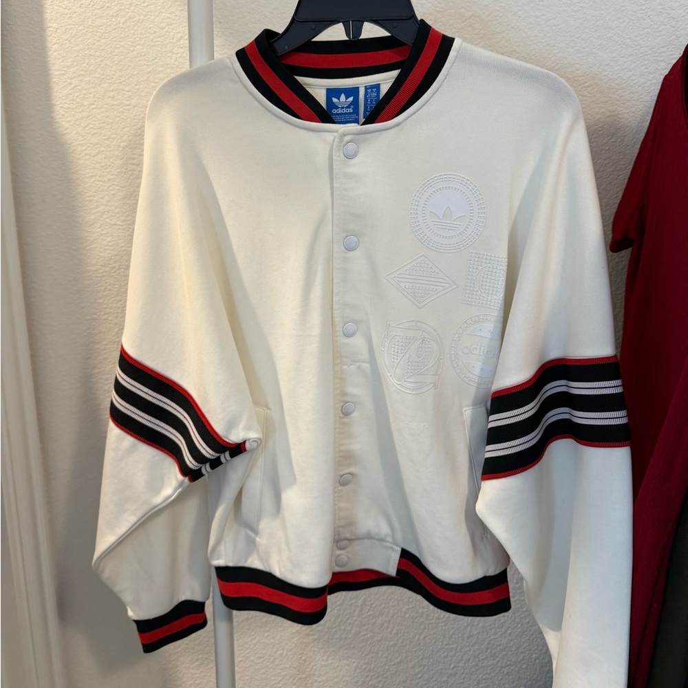 Adidas White Jacket with Black and Red Accents